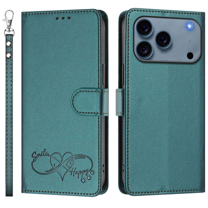 For iPhone 17 Pro Max Case PU Leather Heart Pattern Wallet Flip Phone Cover with Hand Strap