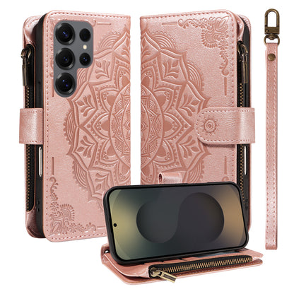 For Samsung Galaxy S25 Ultra Wallet Case 9 Card Slots RFID Blocking Mandala Embossed Leather Flip Cover with Wrist Strap