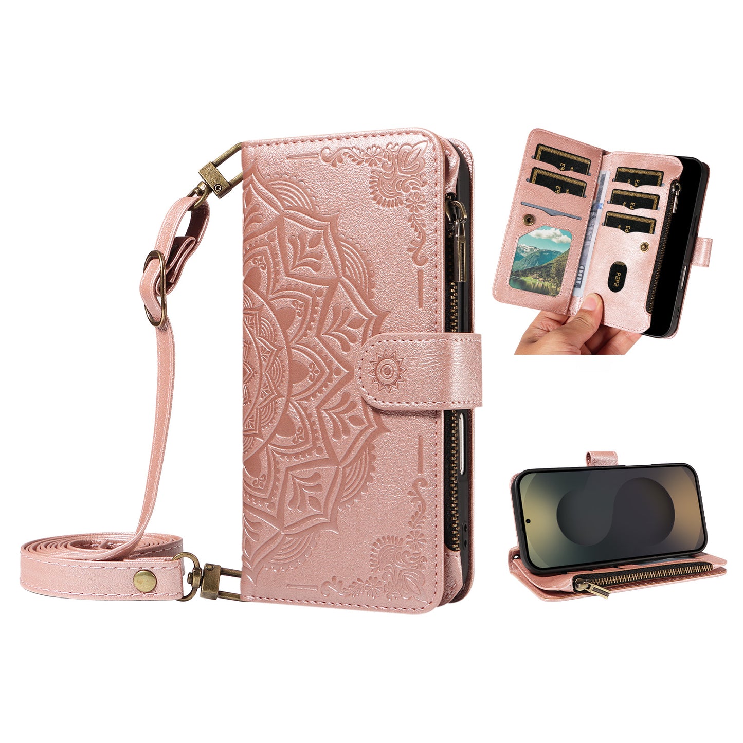 For Samsung Galaxy S25 Ultra Wallet Case 9 Card Slots RFID Blocking Mandala Embossed Leather Flip Cover with Wrist Strap