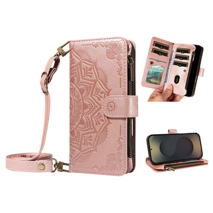 For Samsung Galaxy S25 Ultra Wallet Case 9 Card Slots RFID Blocking Mandala Embossed Leather Flip Cover with Wrist Strap