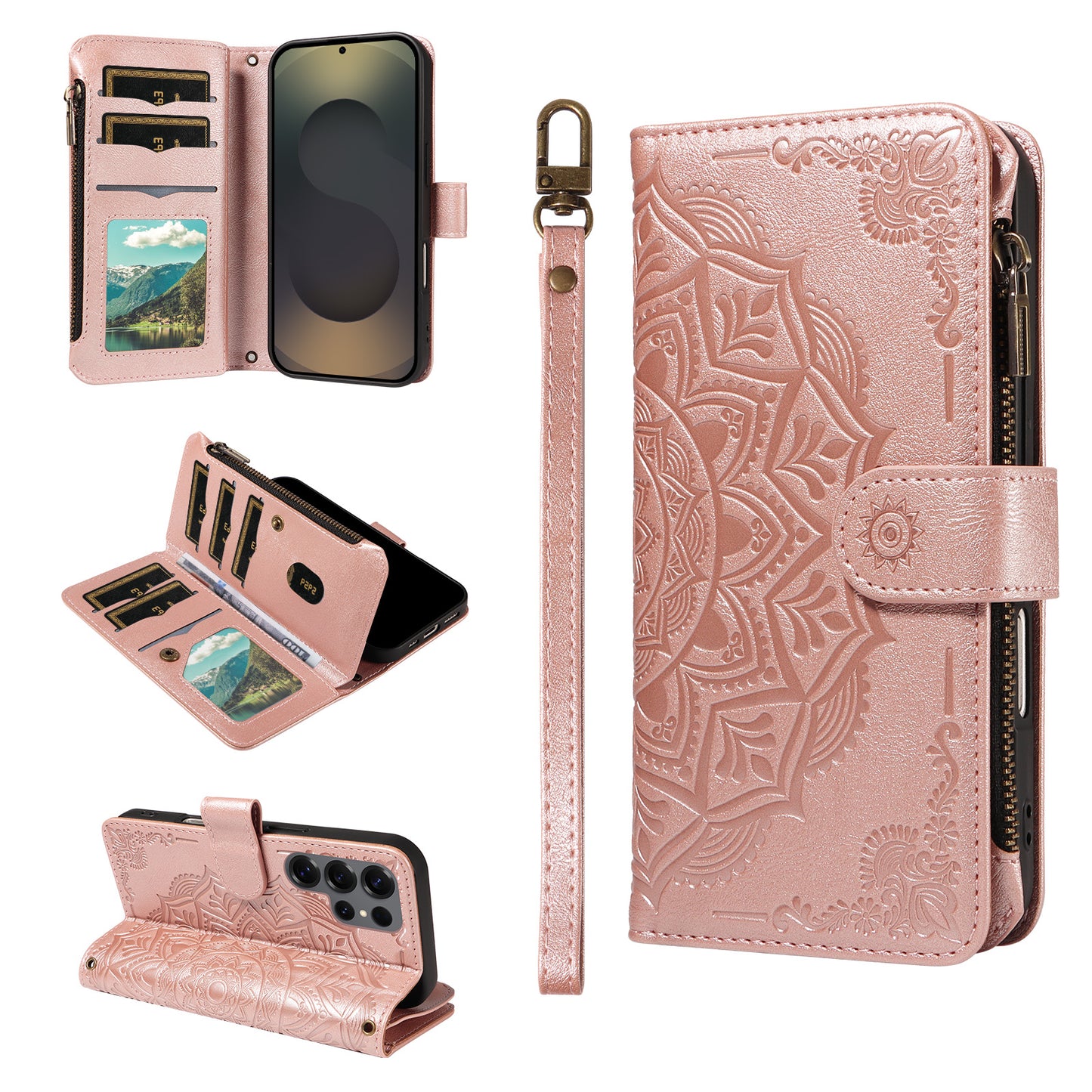 For Samsung Galaxy S25 Ultra Wallet Case 9 Card Slots RFID Blocking Mandala Embossed Leather Flip Cover with Wrist Strap