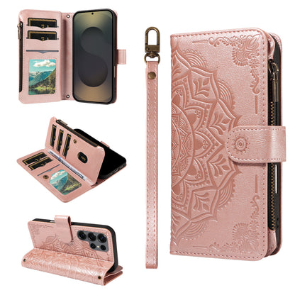 For Samsung Galaxy S25 Ultra Wallet Case 9 Card Slots RFID Blocking Mandala Embossed Leather Flip Cover with Wrist Strap