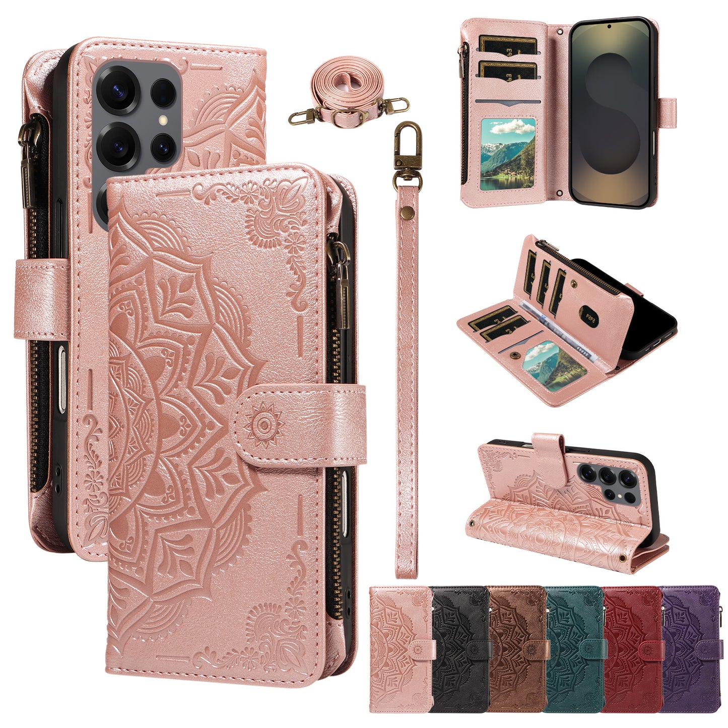 For Samsung Galaxy S25 Ultra Wallet Case 9 Card Slots RFID Blocking Mandala Embossed Leather Flip Cover with Wrist Strap