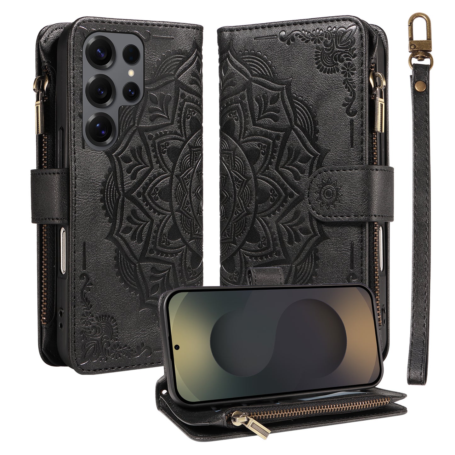 For Samsung Galaxy S25 Ultra Wallet Case 9 Card Slots RFID Blocking Mandala Embossed Leather Flip Cover with Wrist Strap