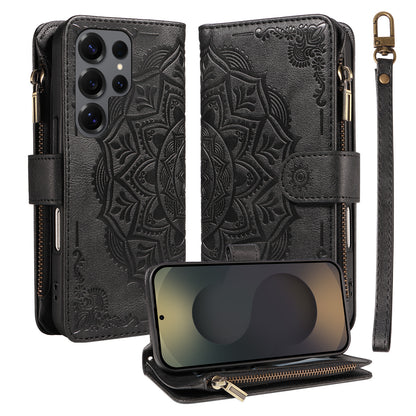 For Samsung Galaxy S25 Ultra Wallet Case 9 Card Slots RFID Blocking Mandala Embossed Leather Flip Cover with Wrist Strap