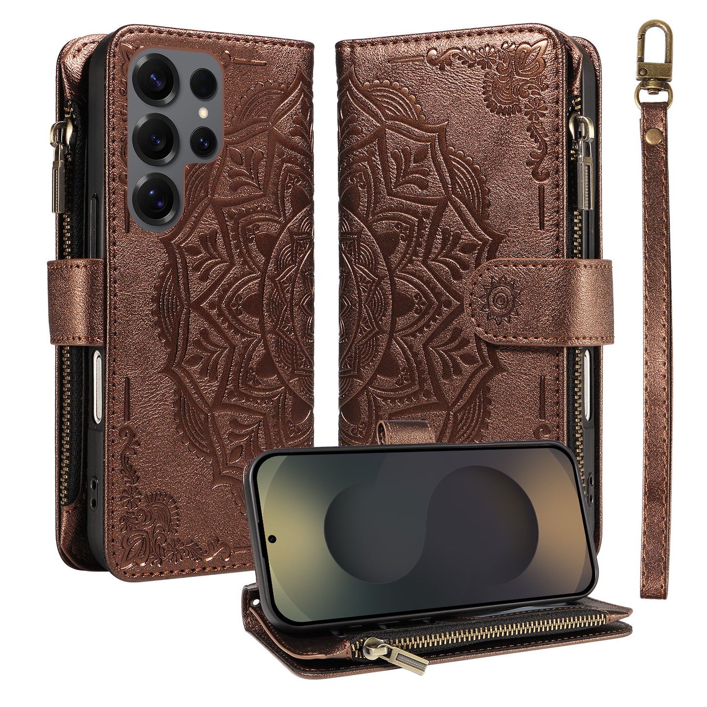For Samsung Galaxy S25 Ultra Wallet Case 9 Card Slots RFID Blocking Mandala Embossed Leather Flip Cover with Wrist Strap