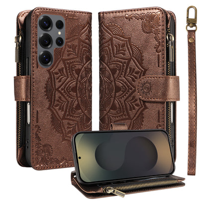 For Samsung Galaxy S25 Ultra Wallet Case 9 Card Slots RFID Blocking Mandala Embossed Leather Flip Cover with Wrist Strap