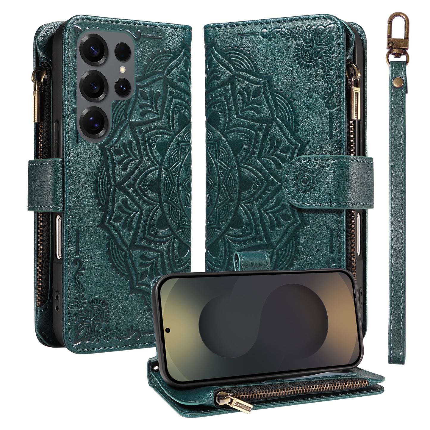 For Samsung Galaxy S25 Ultra Wallet Case 9 Card Slots RFID Blocking Mandala Embossed Leather Flip Cover with Wrist Strap