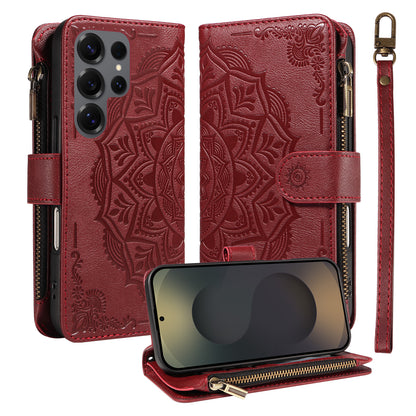 For Samsung Galaxy S25 Ultra Wallet Case 9 Card Slots RFID Blocking Mandala Embossed Leather Flip Cover with Wrist Strap