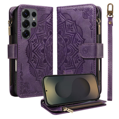 For Samsung Galaxy S25 Ultra Wallet Case 9 Card Slots RFID Blocking Mandala Embossed Leather Flip Cover with Wrist Strap