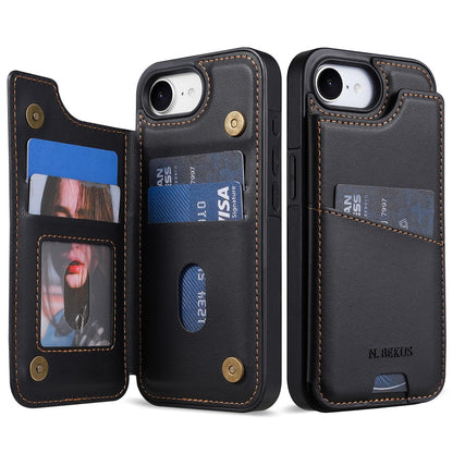 N.BEKUS P4  for iPhone 16e  /  17e Case Magnetic Buttons Leather + TPU Phone Cover with Card Holder Kickstand