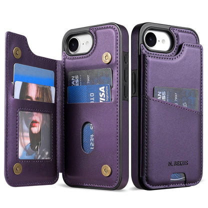 N.BEKUS P4  for iPhone 16e  /  17e Case Magnetic Buttons Leather + TPU Phone Cover with Card Holder Kickstand