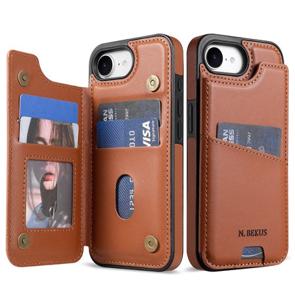 N.BEKUS P4  for iPhone 16e  /  17e Case Magnetic Buttons Leather + TPU Phone Cover with Card Holder Kickstand
