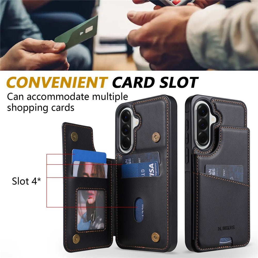N.BEKUS P4  for Samsung Galaxy S26+ Case Magnetic Buttons Leather + TPU Phone Cover with Card Holder Kickstand