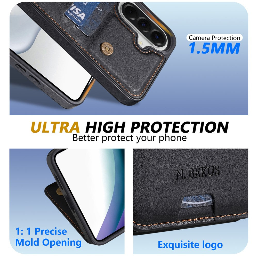 N.BEKUS P4  for Samsung Galaxy S26+ Case Magnetic Buttons Leather + TPU Phone Cover with Card Holder Kickstand