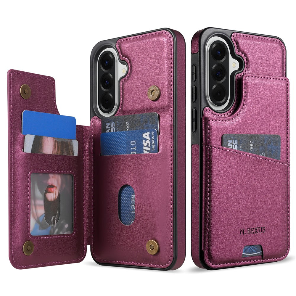 N.BEKUS P4  for Samsung Galaxy S26+ Case Magnetic Buttons Leather + TPU Phone Cover with Card Holder Kickstand