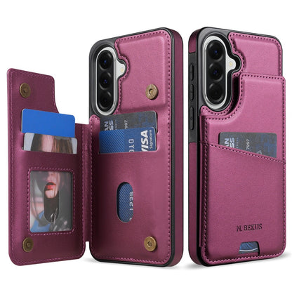 N.BEKUS P4  for Samsung Galaxy S26+ Case Magnetic Buttons Leather + TPU Phone Cover with Card Holder Kickstand