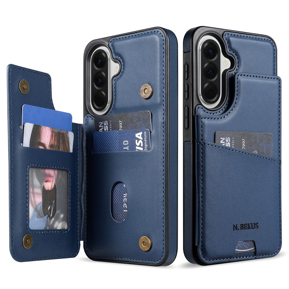 N.BEKUS P4  for Samsung Galaxy S26+ Case Magnetic Buttons Leather + TPU Phone Cover with Card Holder Kickstand