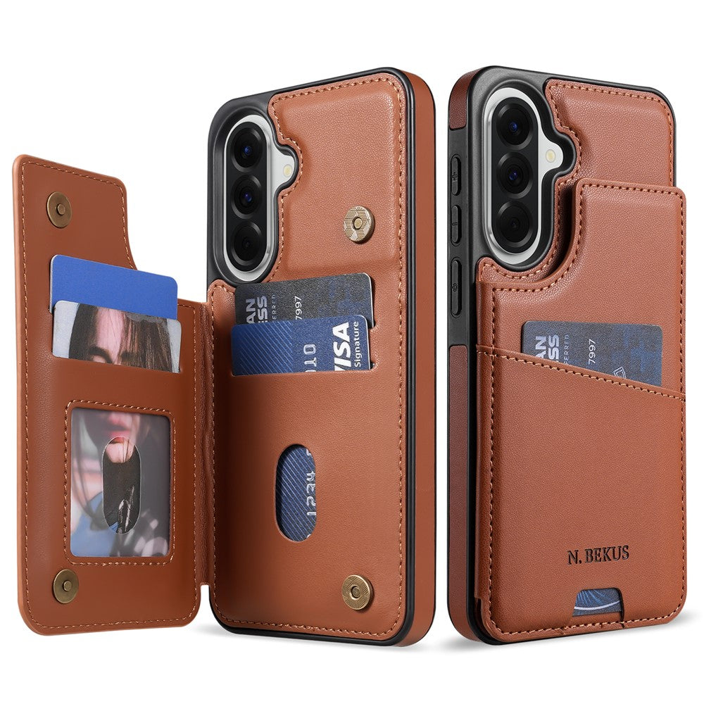 N.BEKUS P4  for Samsung Galaxy S26+ Case Magnetic Buttons Leather + TPU Phone Cover with Card Holder Kickstand