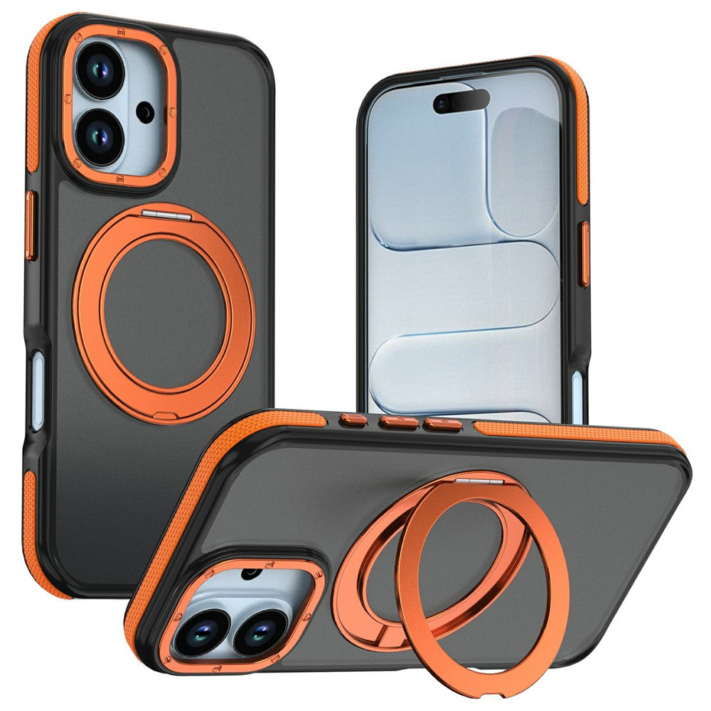 For iPhone 17 Magnetic Case Double Color Rotating Ring Kickstand PC + TPU Phone Cover