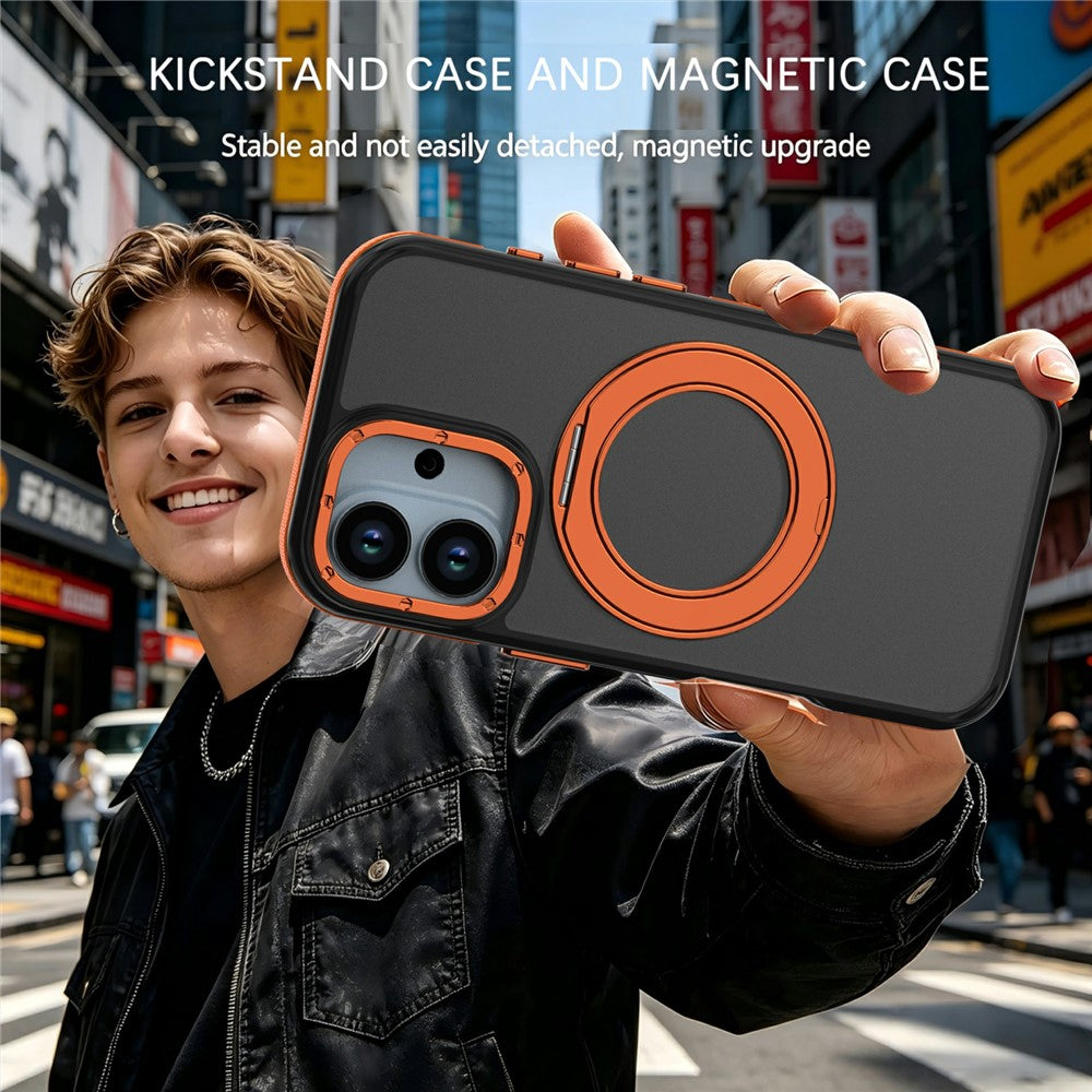 For iPhone 17 Magnetic Case Double Color Rotating Ring Kickstand PC + TPU Phone Cover
