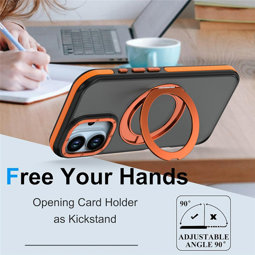For iPhone 17 Magnetic Case Double Color Rotating Ring Kickstand PC + TPU Phone Cover