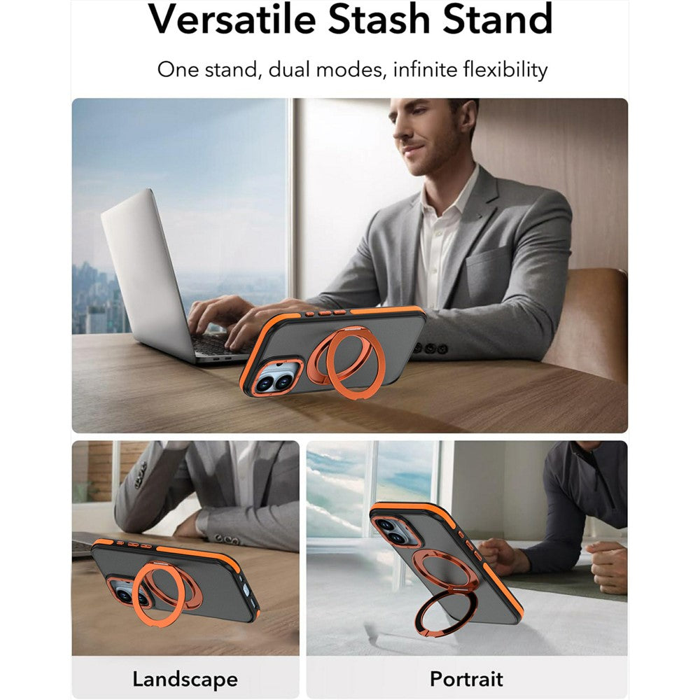 For iPhone 17 Magnetic Case Double Color Rotating Ring Kickstand PC + TPU Phone Cover
