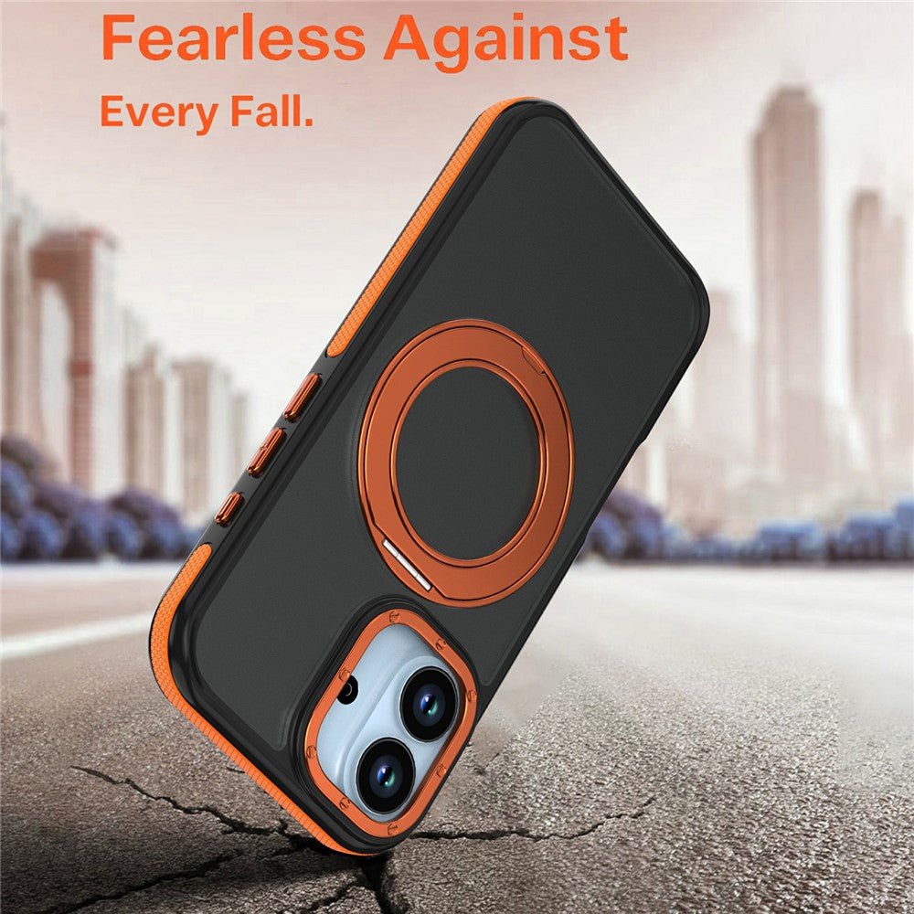 For iPhone 17 Magnetic Case Double Color Rotating Ring Kickstand PC + TPU Phone Cover