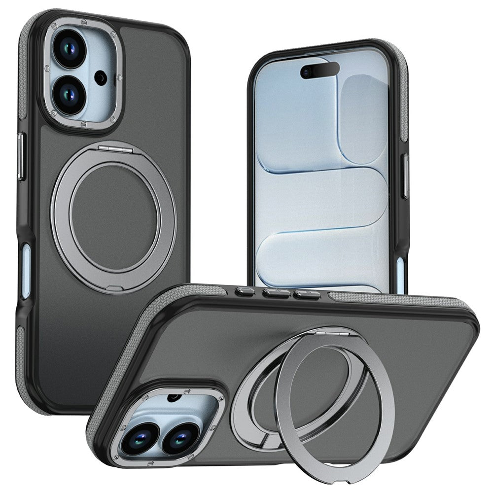 For iPhone 17 Magnetic Case Double Color Rotating Ring Kickstand PC + TPU Phone Cover