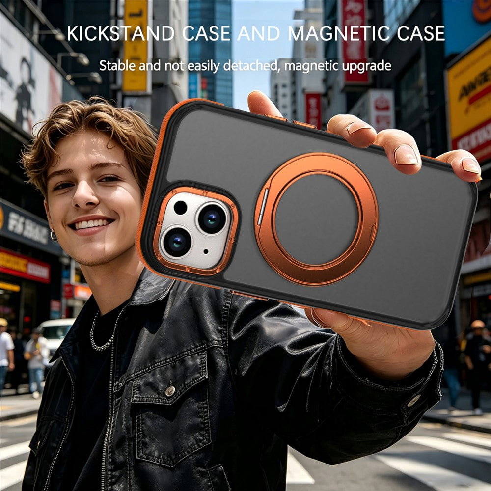 For iPhone 13  /  14 Magnetic Case Double Color Rotating Ring Kickstand PC + TPU Phone Cover