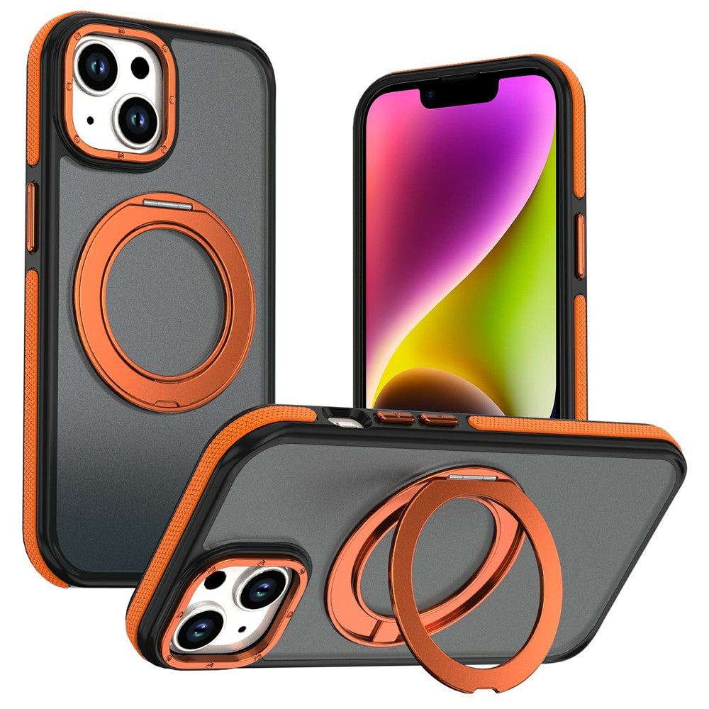 For iPhone 13  /  14 Magnetic Case Double Color Rotating Ring Kickstand PC + TPU Phone Cover