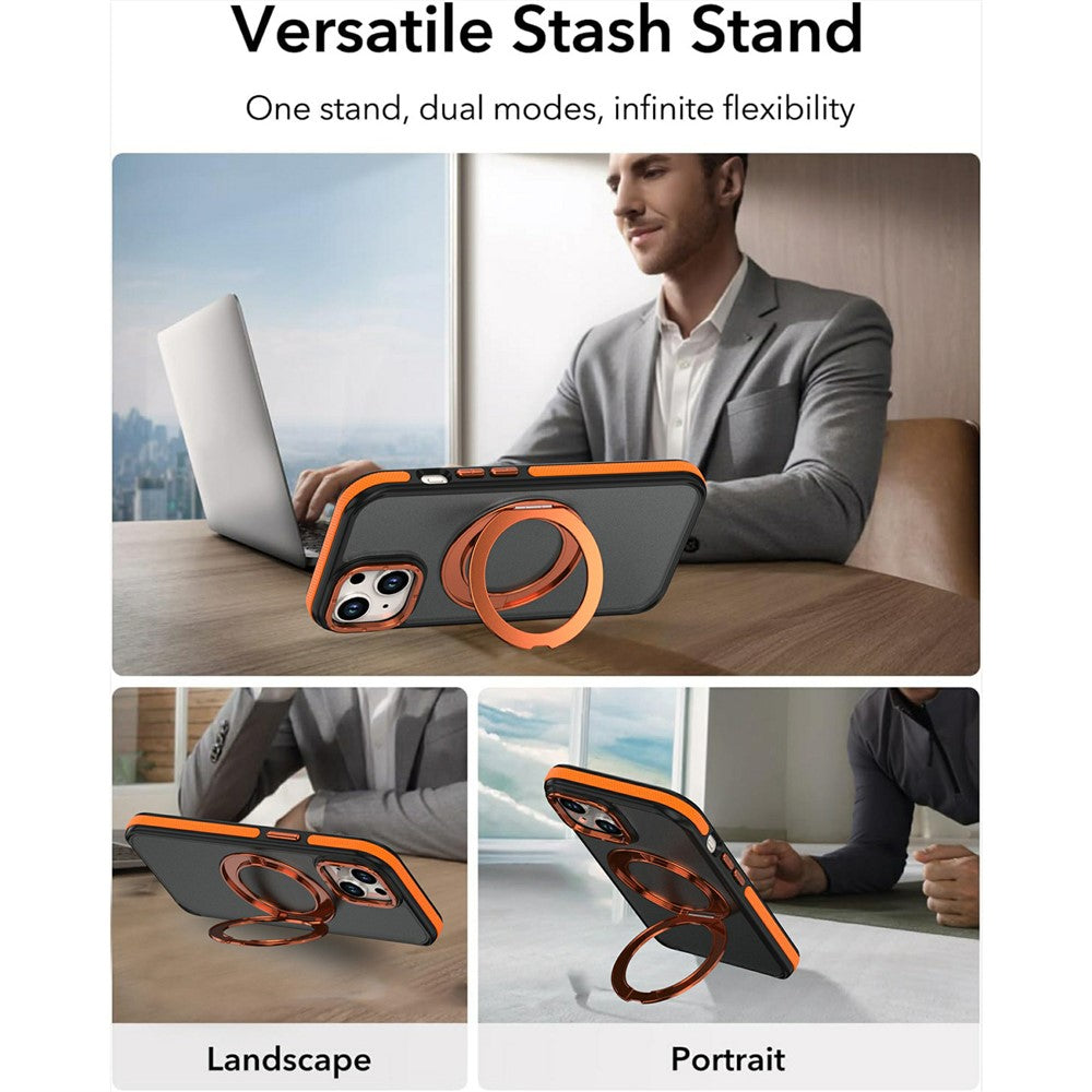 For iPhone 13  /  14 Magnetic Case Double Color Rotating Ring Kickstand PC + TPU Phone Cover
