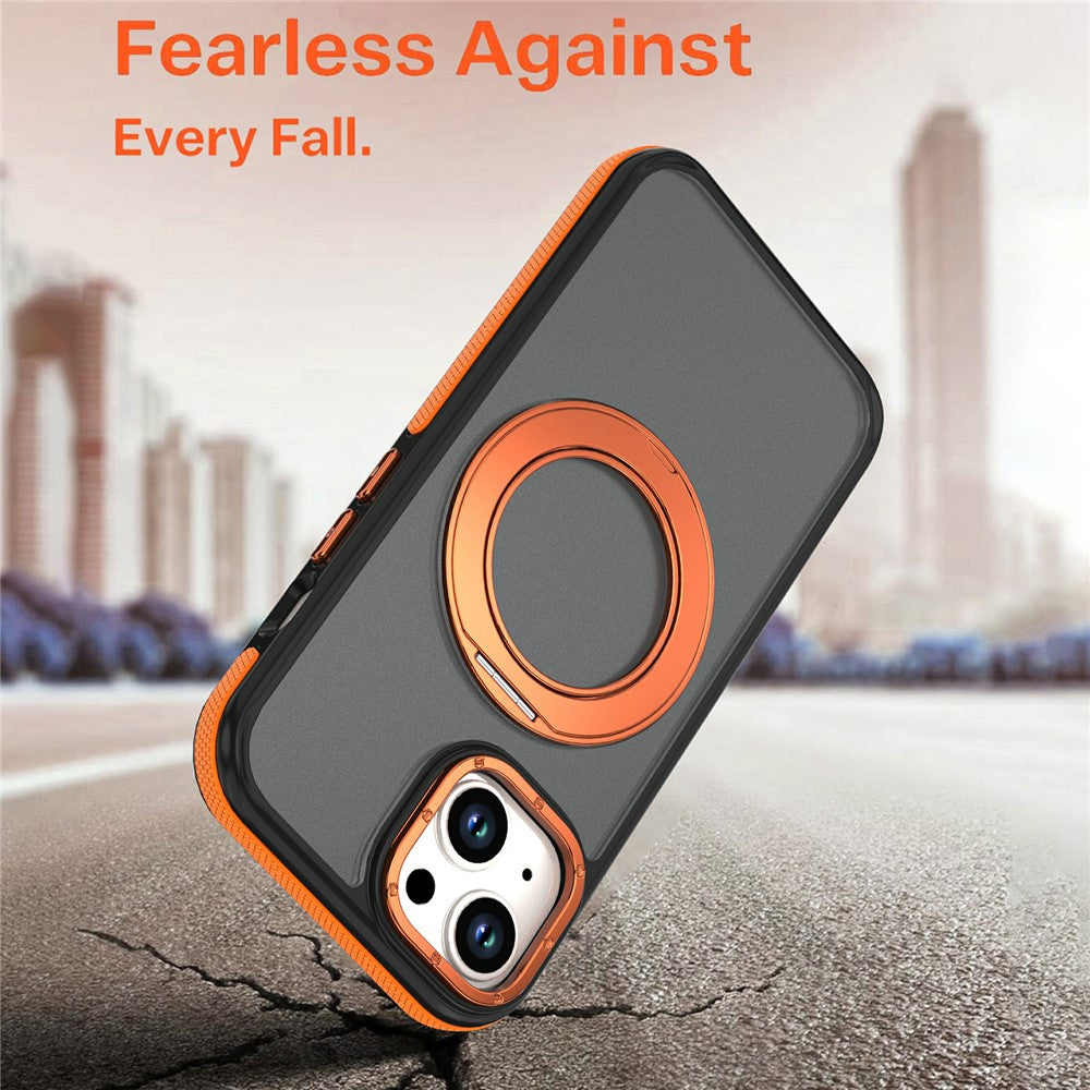 For iPhone 13  /  14 Magnetic Case Double Color Rotating Ring Kickstand PC + TPU Phone Cover