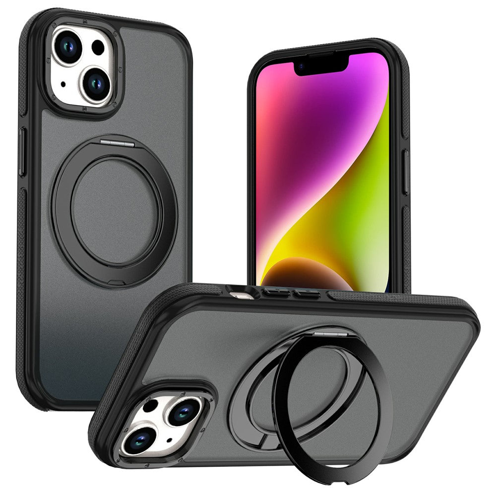 For iPhone 13  /  14 Magnetic Case Double Color Rotating Ring Kickstand PC + TPU Phone Cover