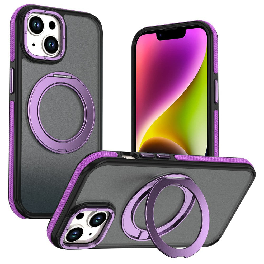 For iPhone 13  /  14 Magnetic Case Double Color Rotating Ring Kickstand PC + TPU Phone Cover