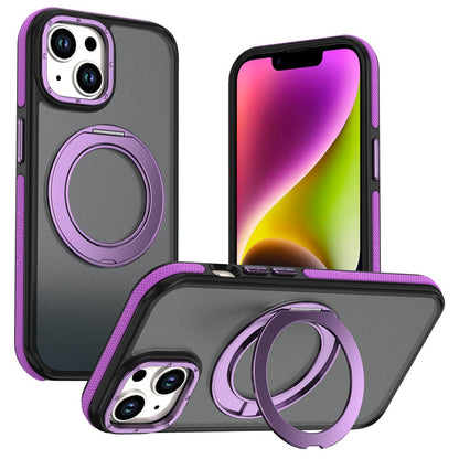 For iPhone 13  /  14 Magnetic Case Double Color Rotating Ring Kickstand PC + TPU Phone Cover