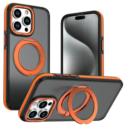 For iPhone 15 Pro Magnetic Case Double Color Rotating Ring Kickstand PC + TPU Phone Cover