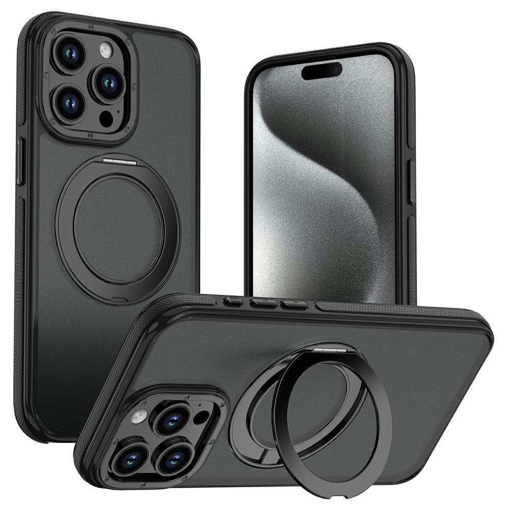For iPhone 15 Pro Magnetic Case Double Color Rotating Ring Kickstand PC + TPU Phone Cover