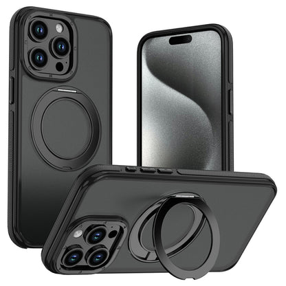 For iPhone 15 Pro Magnetic Case Double Color Rotating Ring Kickstand PC + TPU Phone Cover