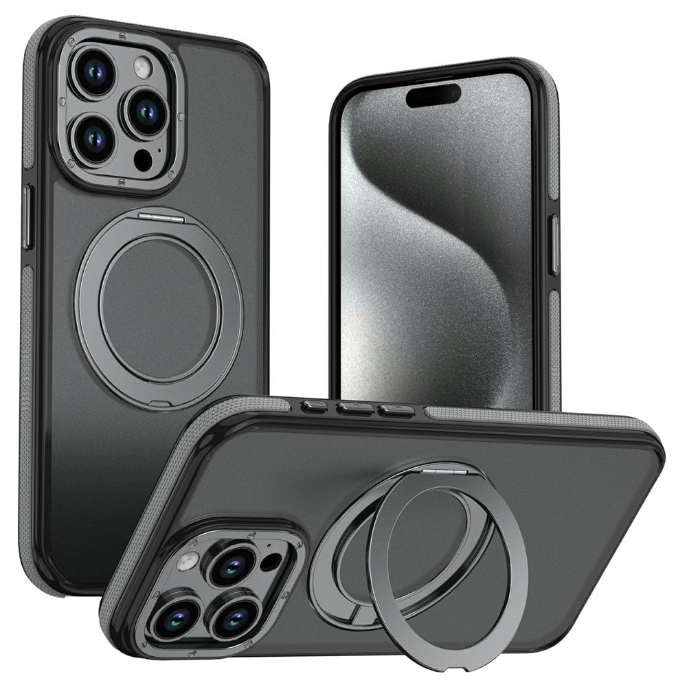 For iPhone 15 Pro Magnetic Case Double Color Rotating Ring Kickstand PC + TPU Phone Cover