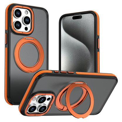For iPhone 15 Pro Max Magnetic Case Double Color Rotating Ring Kickstand PC + TPU Phone Cover