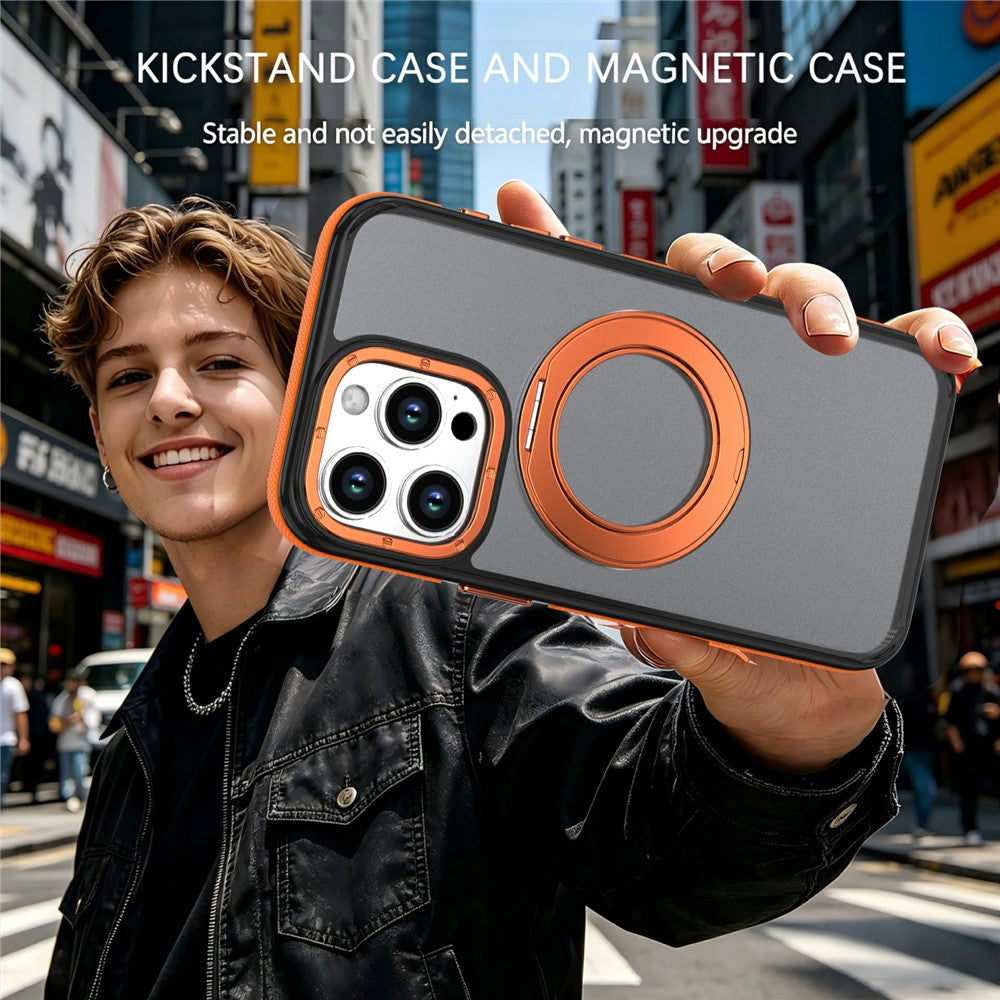 For iPhone 15 Pro Max Magnetic Case Double Color Rotating Ring Kickstand PC + TPU Phone Cover