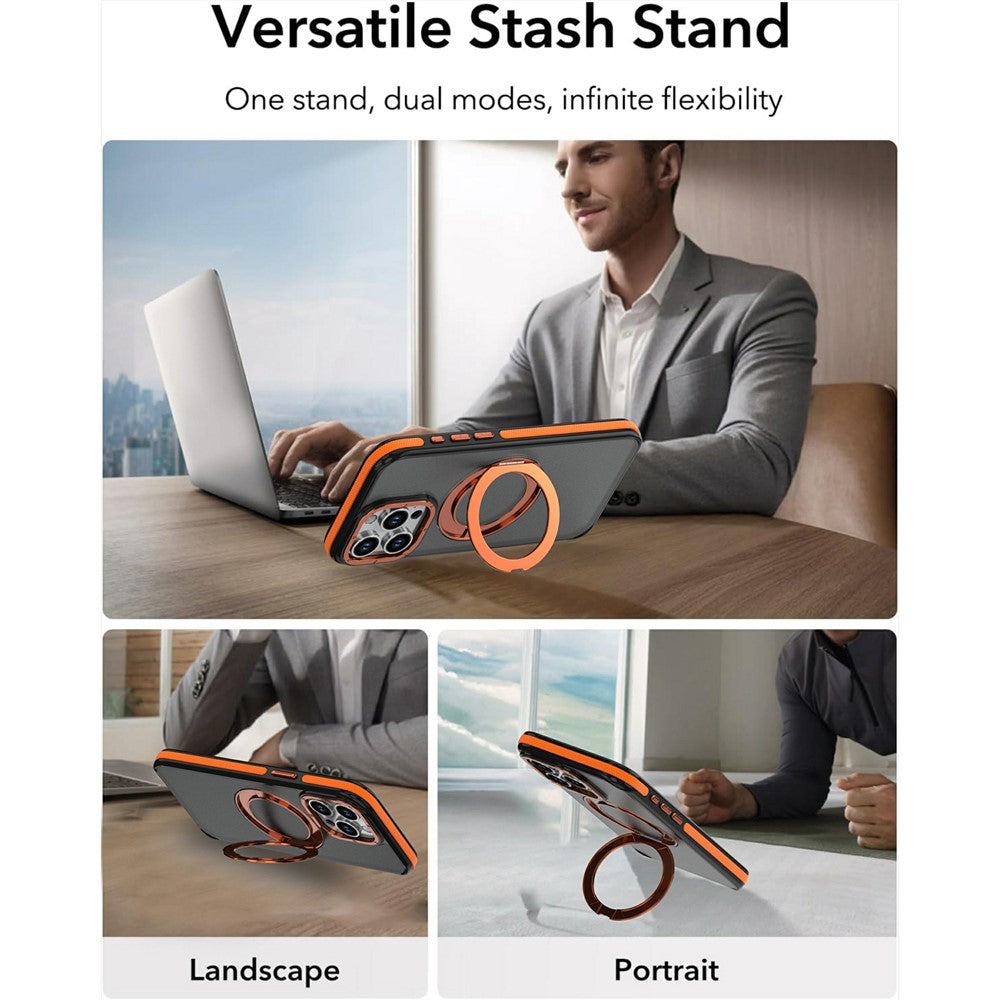 For iPhone 15 Pro Max Magnetic Case Double Color Rotating Ring Kickstand PC + TPU Phone Cover