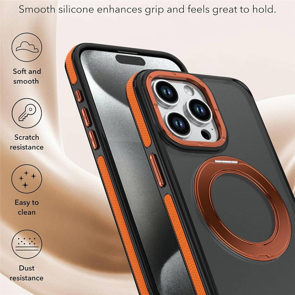 For iPhone 15 Pro Max Magnetic Case Double Color Rotating Ring Kickstand PC + TPU Phone Cover
