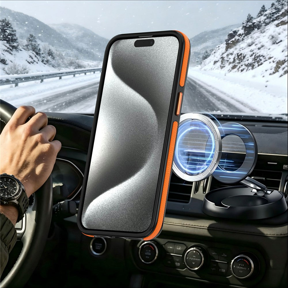 For iPhone 15 Pro Max Magnetic Case Double Color Rotating Ring Kickstand PC + TPU Phone Cover
