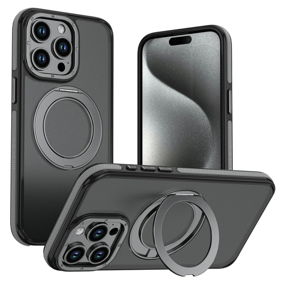 For iPhone 15 Pro Max Magnetic Case Double Color Rotating Ring Kickstand PC + TPU Phone Cover