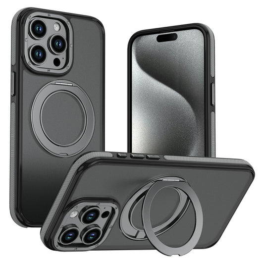 For iPhone 15 Pro Max Magnetic Case Double Color Rotating Ring Kickstand PC + TPU Phone Cover
