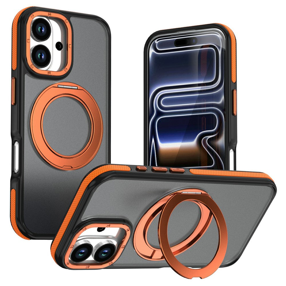 For iPhone 16 Magnetic Case Double Color Rotating Ring Kickstand PC + TPU Phone Cover