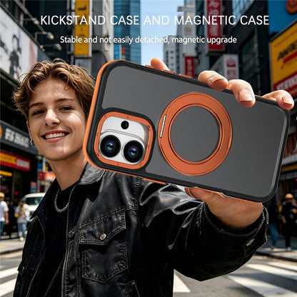 For iPhone 16 Magnetic Case Double Color Rotating Ring Kickstand PC + TPU Phone Cover
