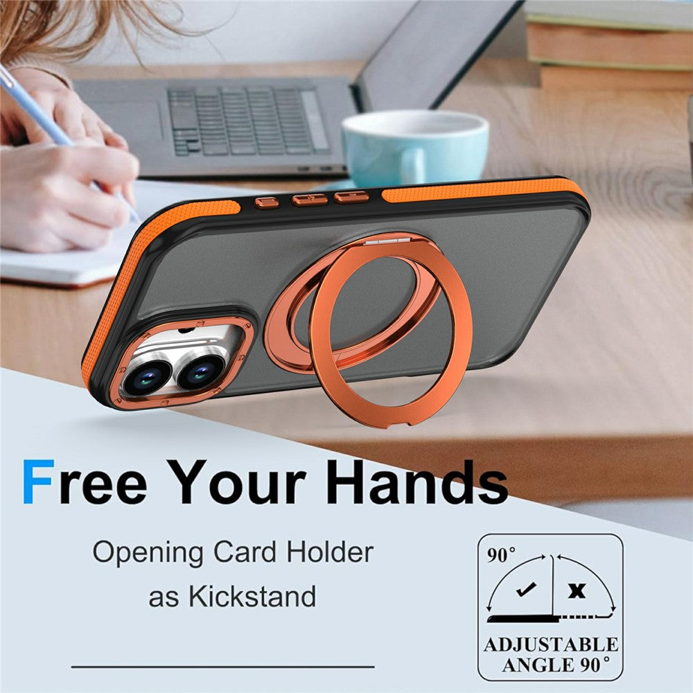 For iPhone 16 Magnetic Case Double Color Rotating Ring Kickstand PC + TPU Phone Cover